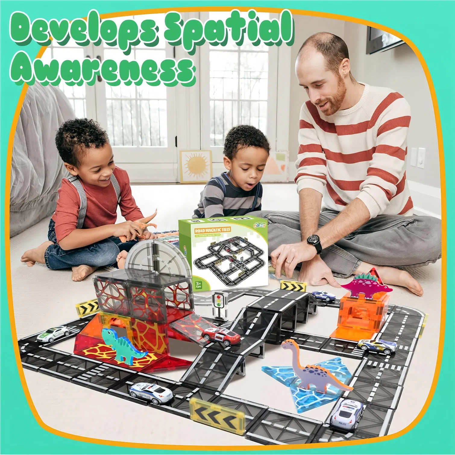 Wholesale Creative Stem Building Toy Learning Educational Magnet Toys Magnetic Tiles Road Set with Pullback Car Children Toys, Kids Car Roads Magnet Tiles Set