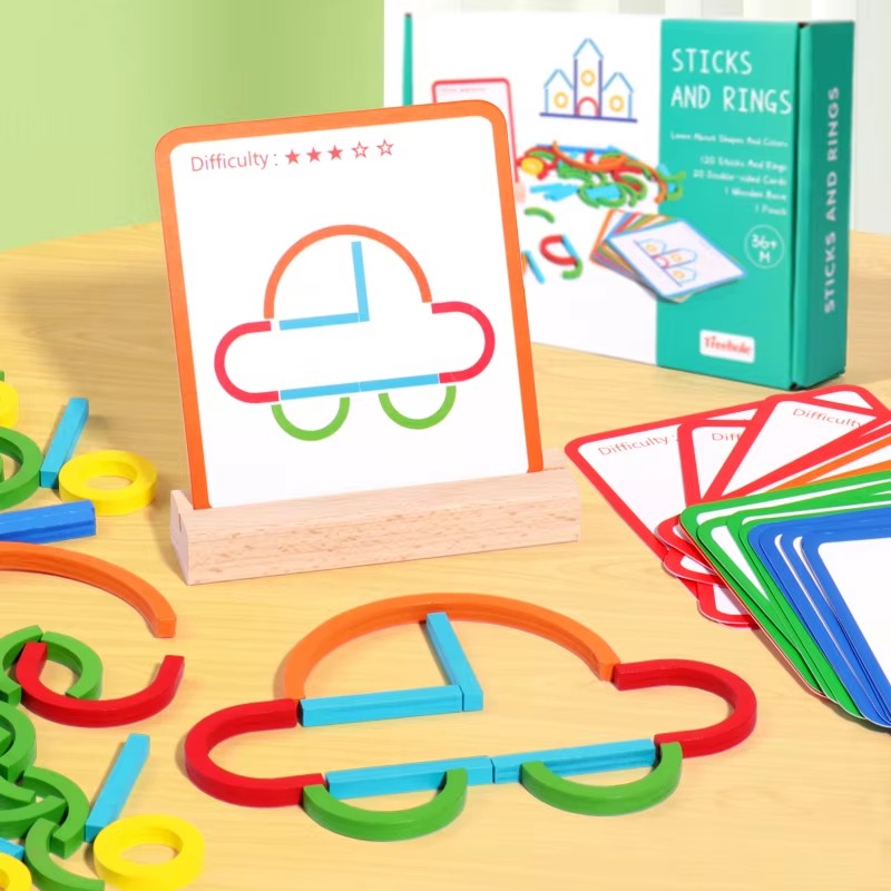 Montessori Early Education Wooden Pattern Blocks Creative Sticks Rings Puzzle Safe Wooden Toys for Kids