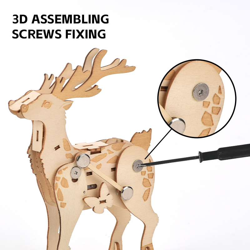Bemay Toy Hands-on Craft DIY 3D Poplar Wood Puzzle Wind-up Walking Animal Model STEM Educational Kit for Ages 4-6