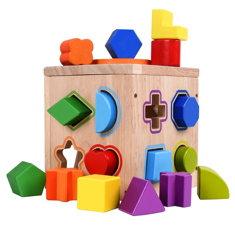 Ouyi Wooden Geometric Shape Matching Building Blocks for Infants Toddlers-Color Cognition Intelligence Development 16-Hole Toy