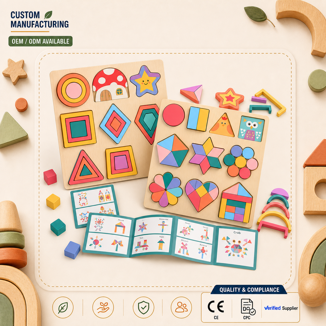 Custom Montessori Wooden Geometric Shape Puzzle Board Color Matching Pattern Blocks Fine Motor Educational Toys for Kids OEM ODM