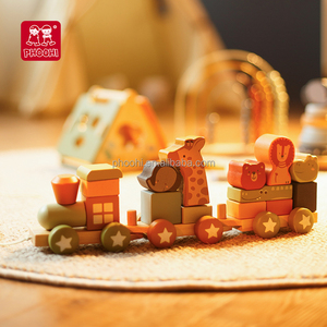 Children Preschool Education Wooden Animal Stacking Train Pull Along Block Train Color Cogintive Matching Toy