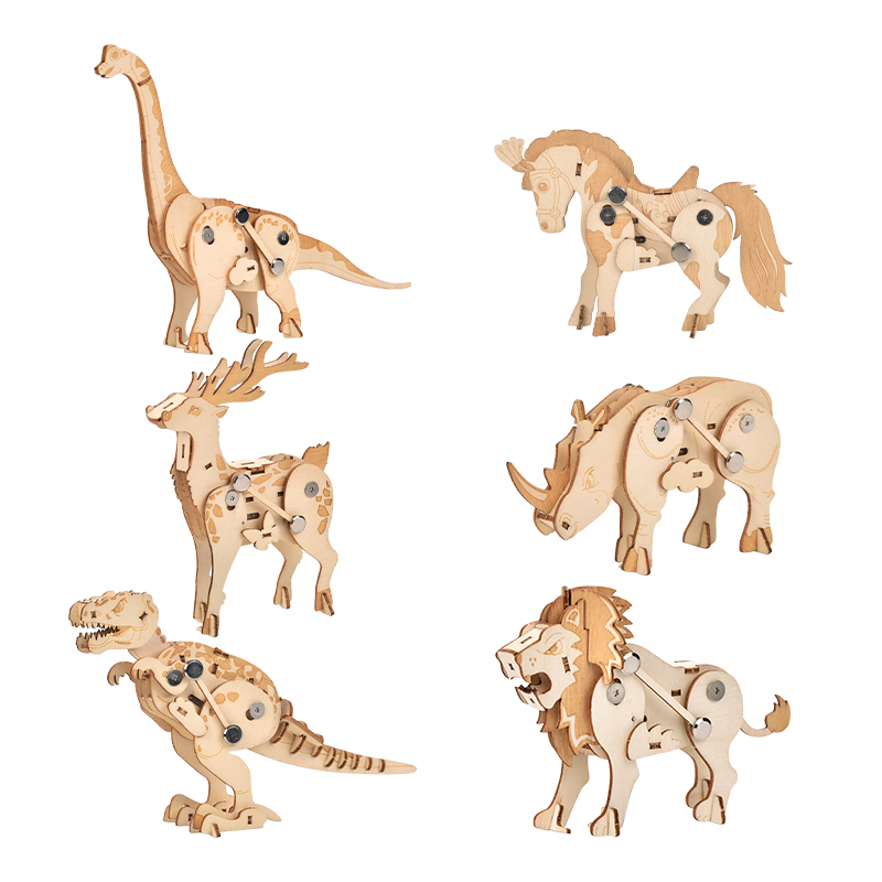 Bemay Toy Hands-on Craft DIY 3D Poplar Wood Puzzle Wind-up Walking Animal Model STEM Educational Kit for Ages 4-6