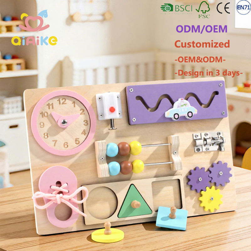 New Arrival Qiaike Baby Wooden Busy Board Montessori Toys DIY Wood Accessories Sensory Activity Boards for Fine Motor Skills 3-6