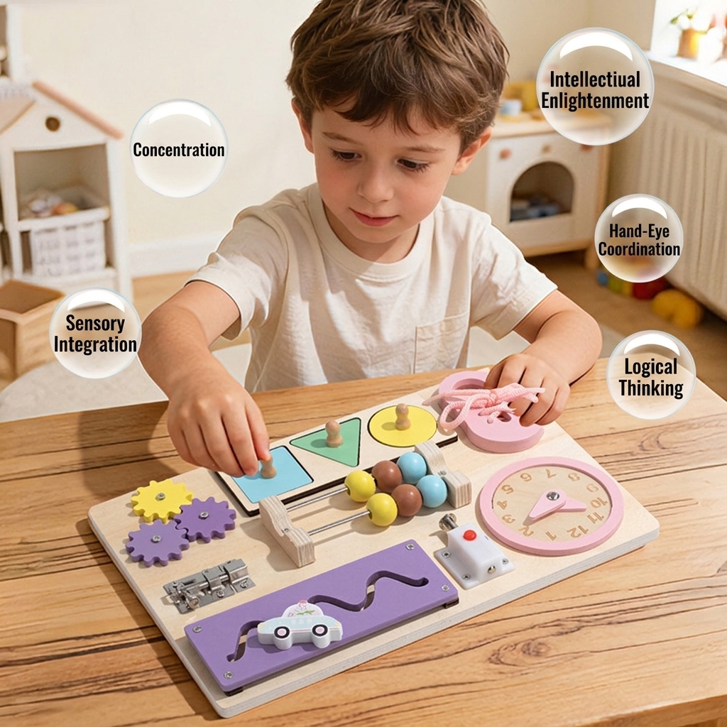 New Arrival Qiaike Baby Wooden Busy Board Montessori Toys DIY Wood Accessories Sensory Activity Boards for Fine Motor Skills 3-6