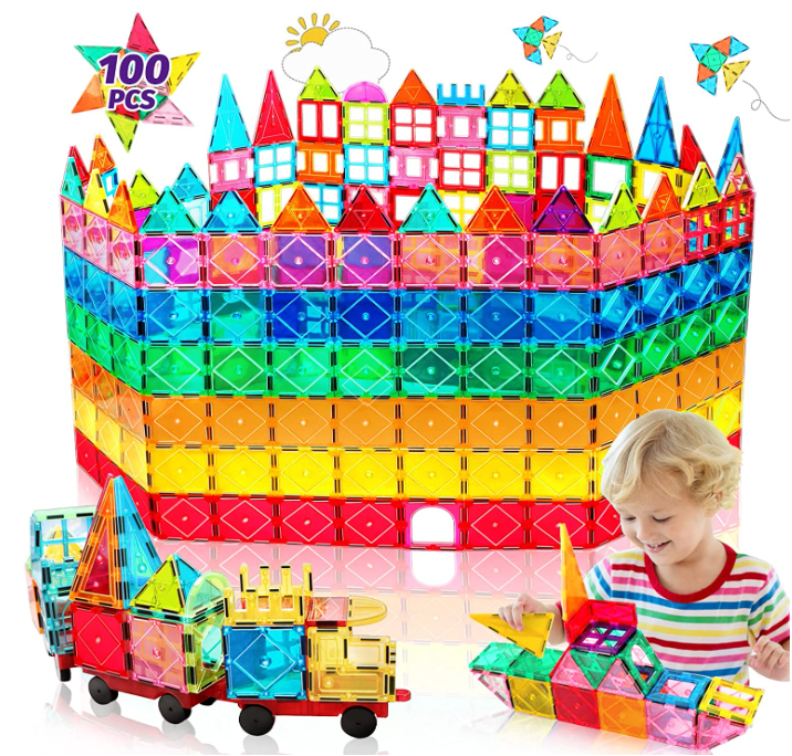 Magnetic Building Tiles Block Set 100pcs for 3+ Year Old STEM Learning Educational Toys Tough Building Tiles Kids Play Games