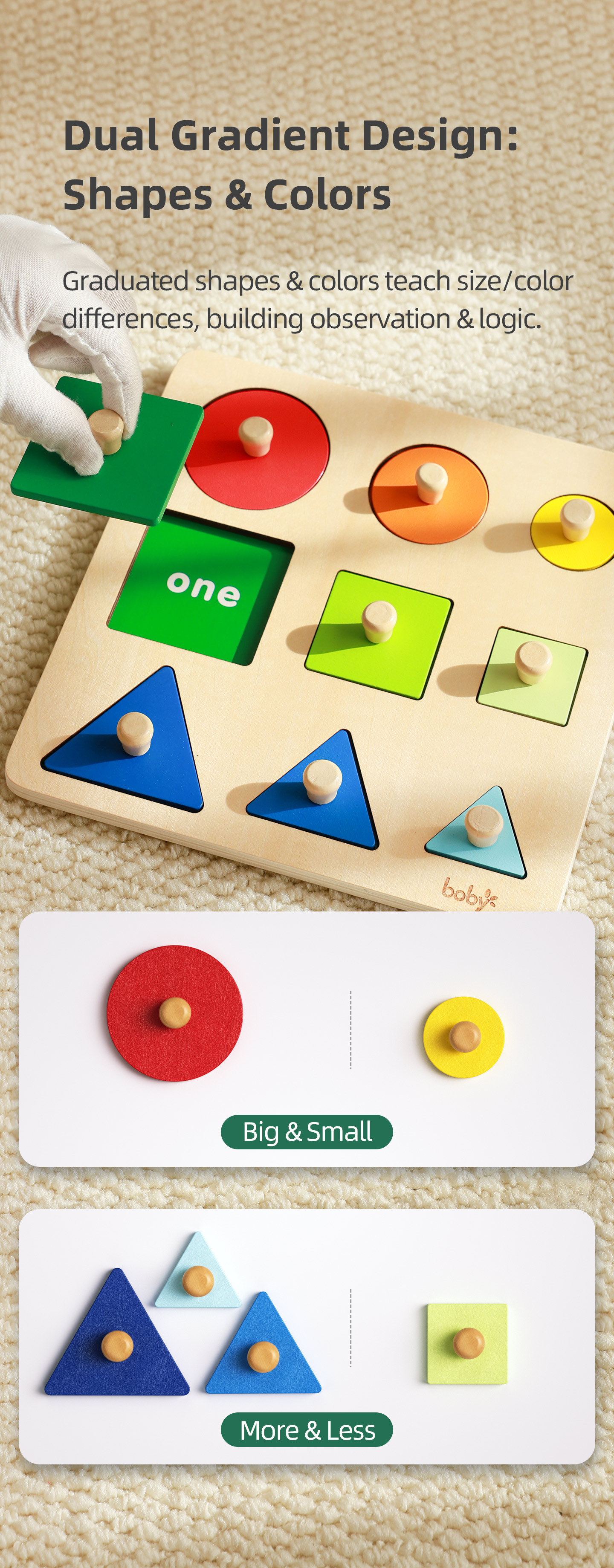Montessori Wooden Sensory Toys for Kids 1-2 Years Educational Shape Size Gradient Puzzle