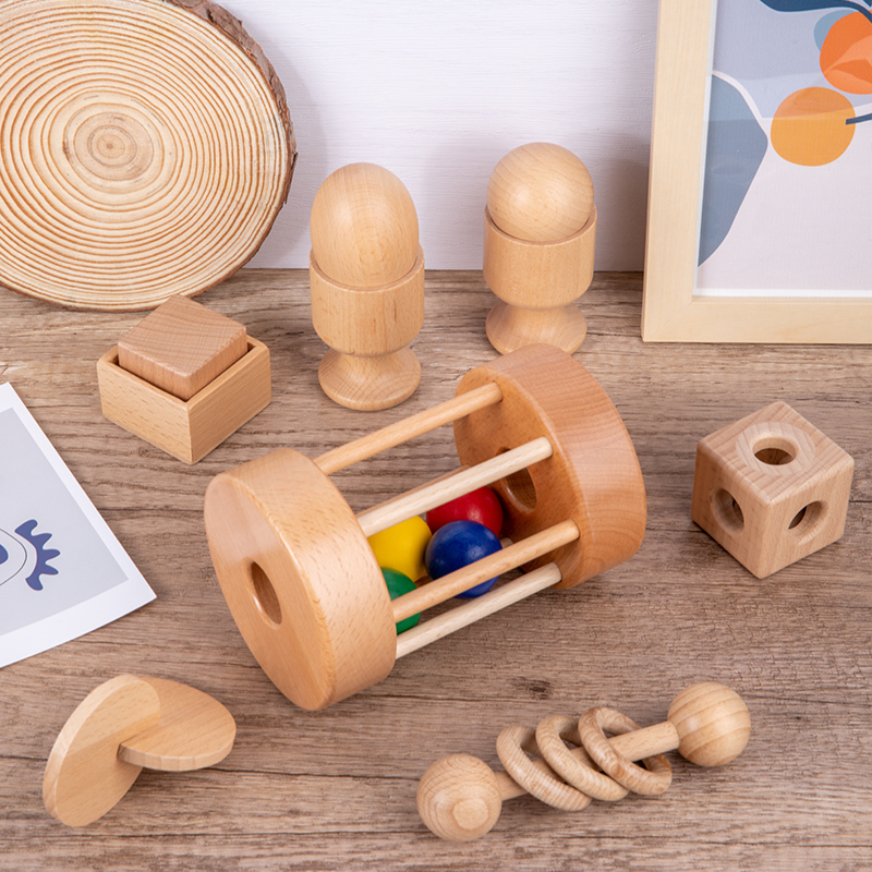 Montessori Textile Drum Rolling Teaching Aids Wooden Toys Set for Toddlers 7-12 Months Early Education Unisex