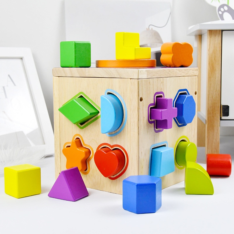 Ouyi Wooden Geometric Shape Matching Building Blocks for Infants Toddlers-Color Cognition Intelligence Development 16-Hole Toy