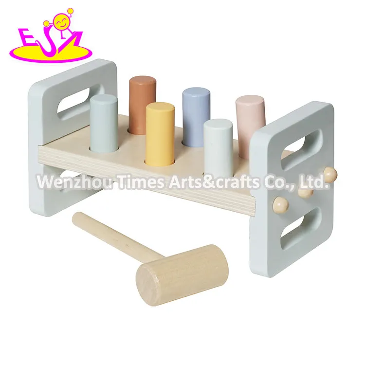 All-in-One Wooden Learning Toy Developmental Hammering Bench, Shape Sorter, and Colorful Stacking Rings W12D757