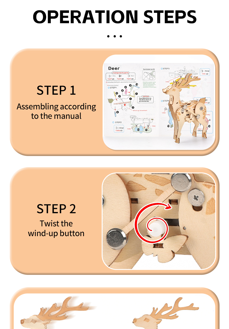 Hands-on Craft DIY 3D Poplar Wood Puzzle Wind-up Walking Animal Model STEM Educational Kit for Ages 4-6