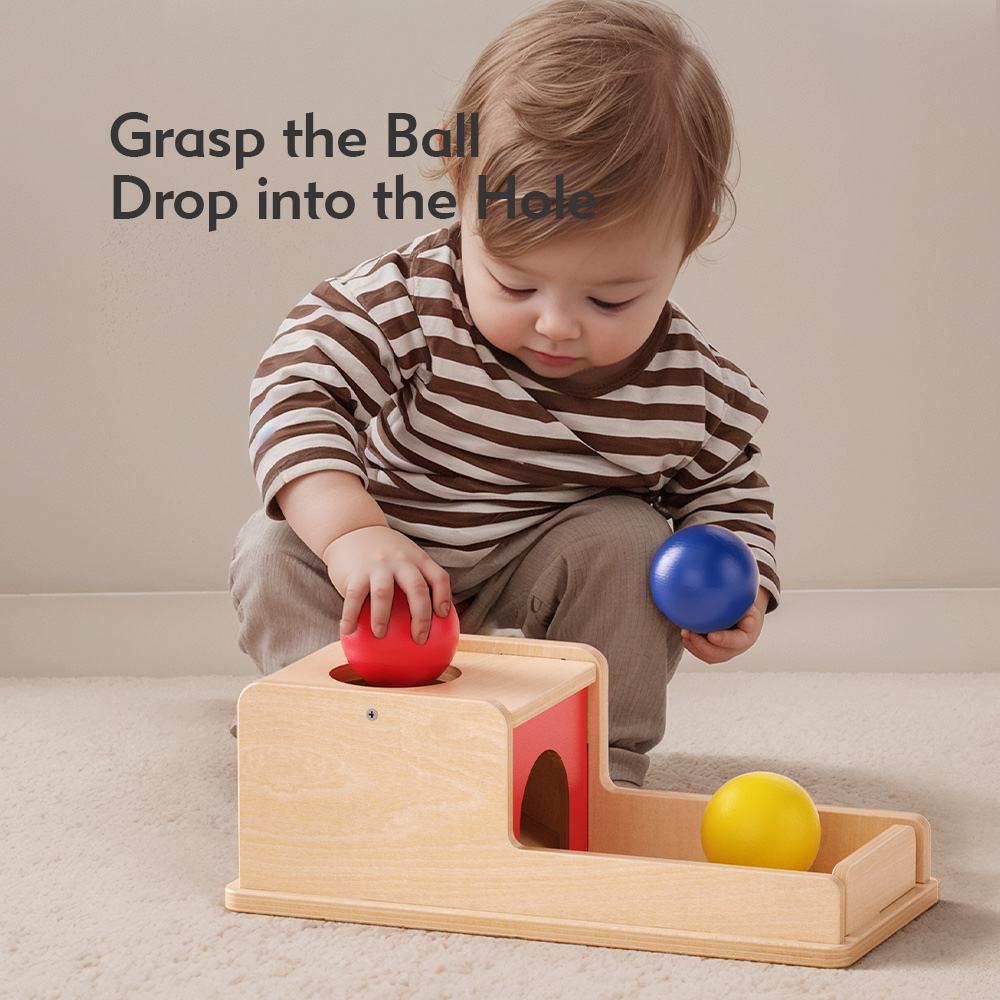 Wooden Montessori Educational Toys for Infants 0-1 Years Object Permanence 3-Ball Drop Box Toy