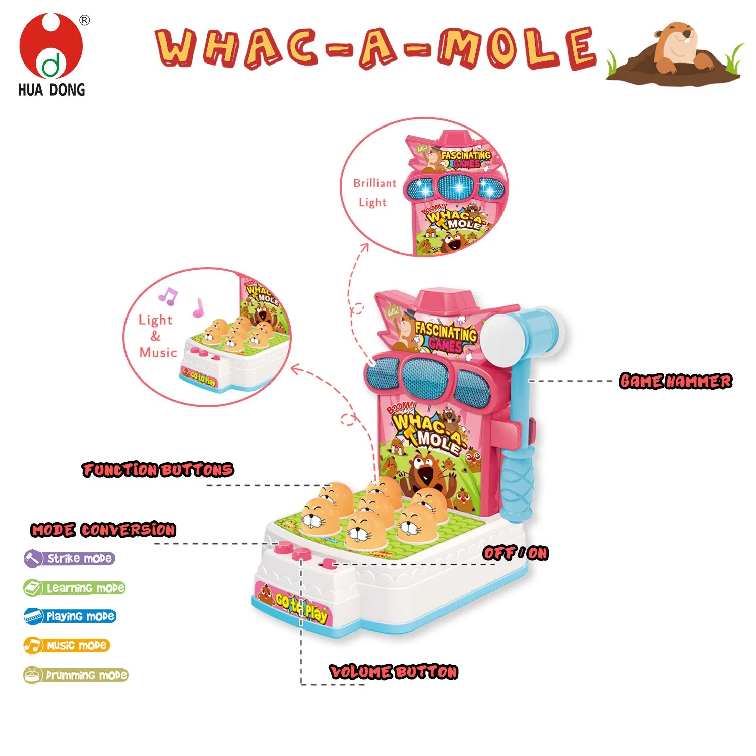 Factory Hot Sale Children Toys Whack-a-mole Playing Toys Five Modes Kids Educational toys Whac-a-mole Toy with Lights and Music Beneficial for Motor Skills Toys