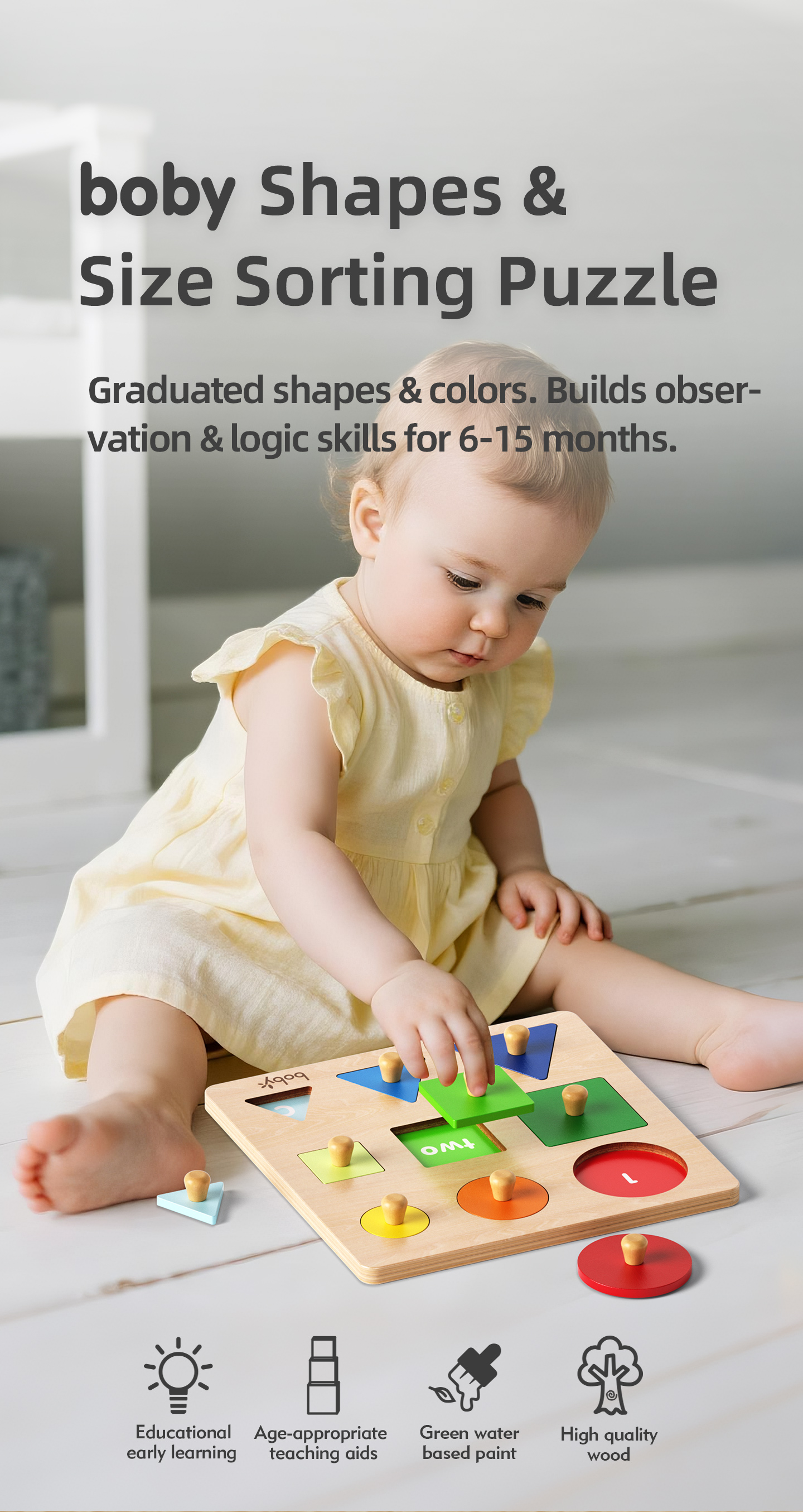 Montessori Wooden Sensory Toys for Kids 1-2 Years Educational Shape Size Gradient Puzzle