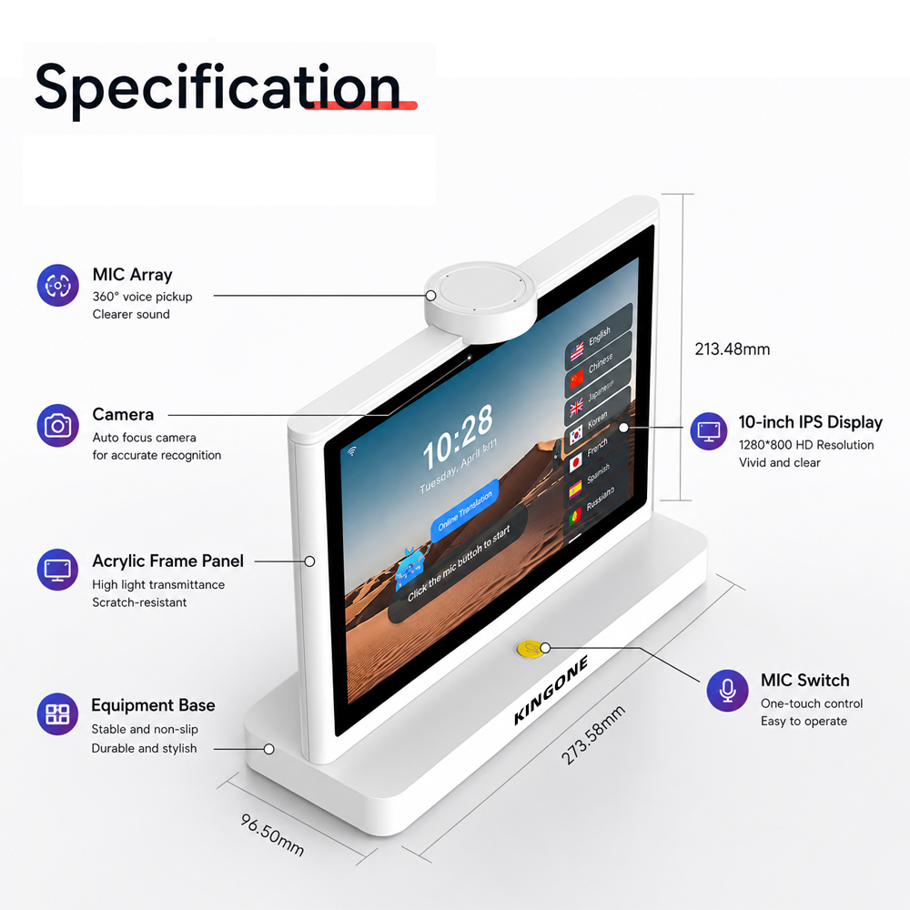 10.1 Inch Smart AI Translator Machine Dual Touch Screens IPS Display Wireless WiFi Voice Language Translation For Business