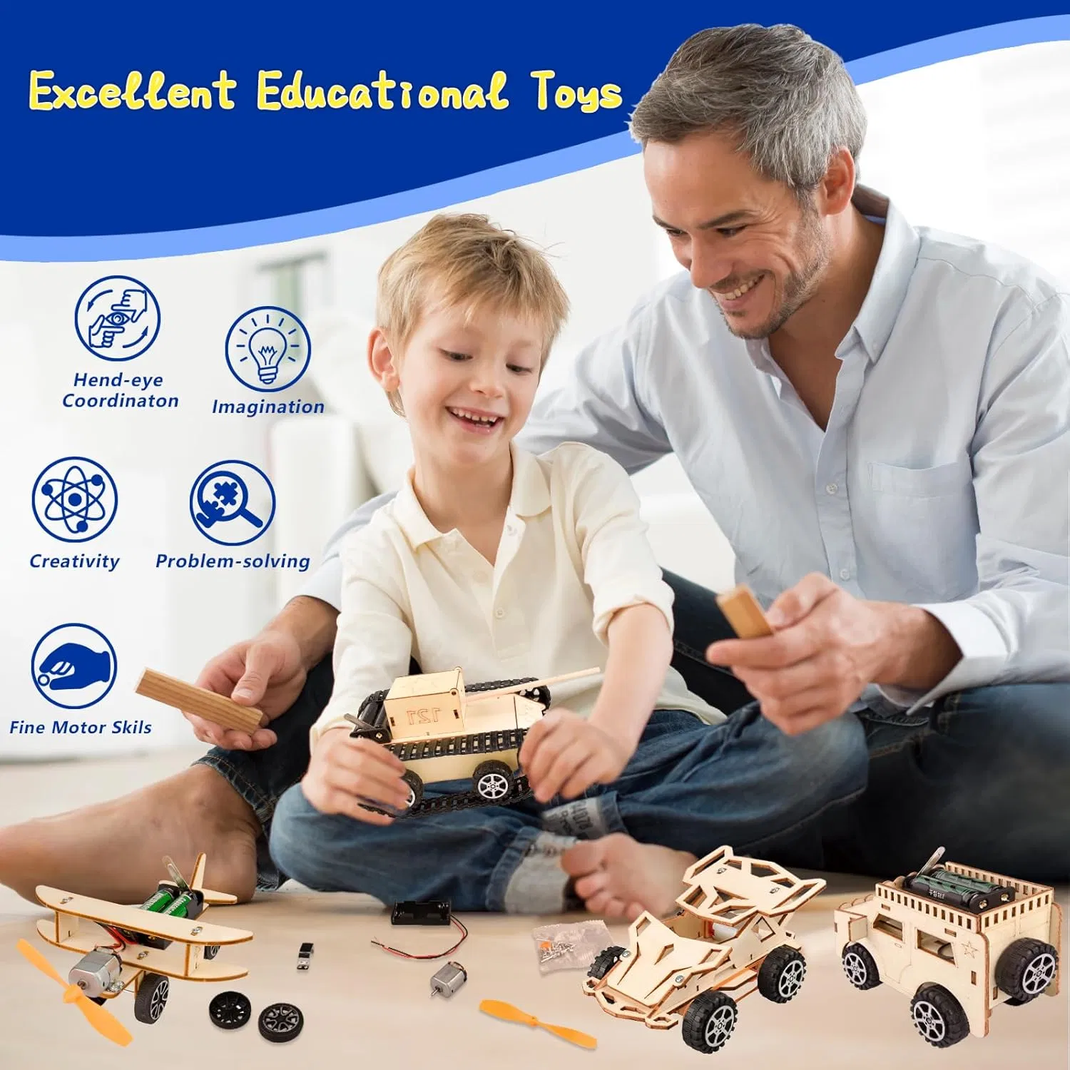 Stem Learning Kit: Wooden Air, Land, and Sea Vehicle Models Stem Kit 3D Construction Stem Creative Science Programming Learning Wooden Educational Toy
