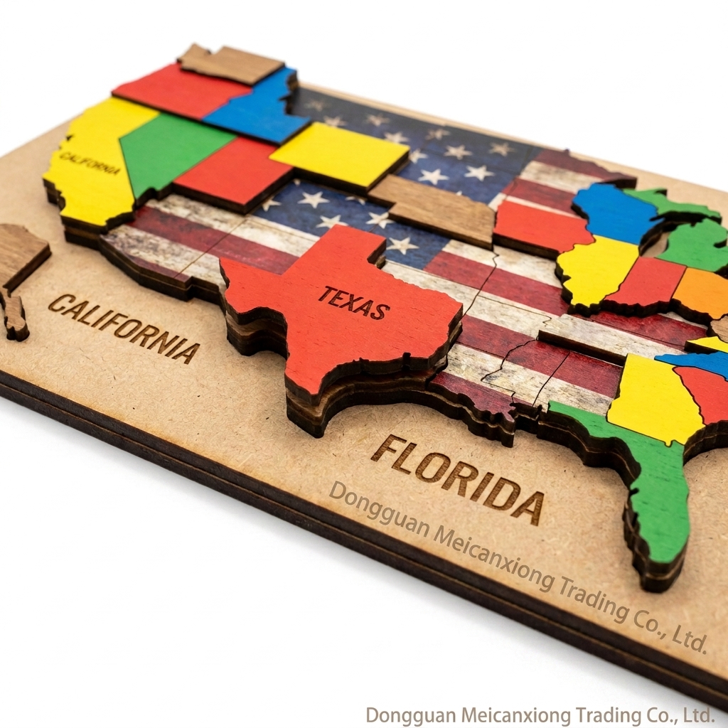 Custom 3D USA Map Wooden Puzzle Double-Layer Laser Engraved MDF Geography Learning Toy Wholesale Montessori Kit With Custom Logo