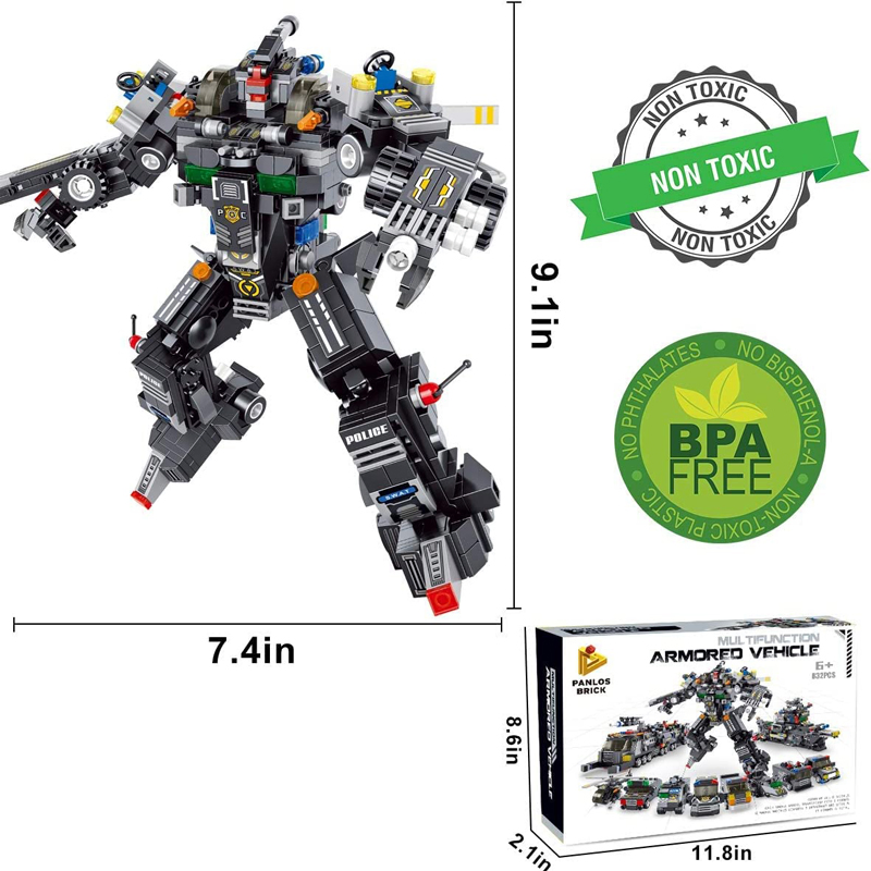Panlos 832PCS Robot Building Kit 8-in-1 Kids Model Armored Police-Car Engineering Construction Vehicle Building Blocks Set Stem Learning Building Toys