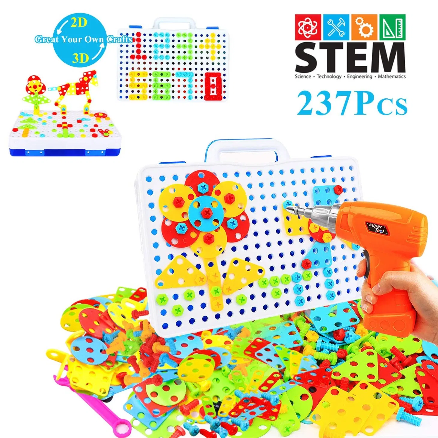 Stem Learning with Construction Screw Toy Drill 237piece Build &amp; Learn Fine Motor Skills Creative Drill Activity Center for Kid