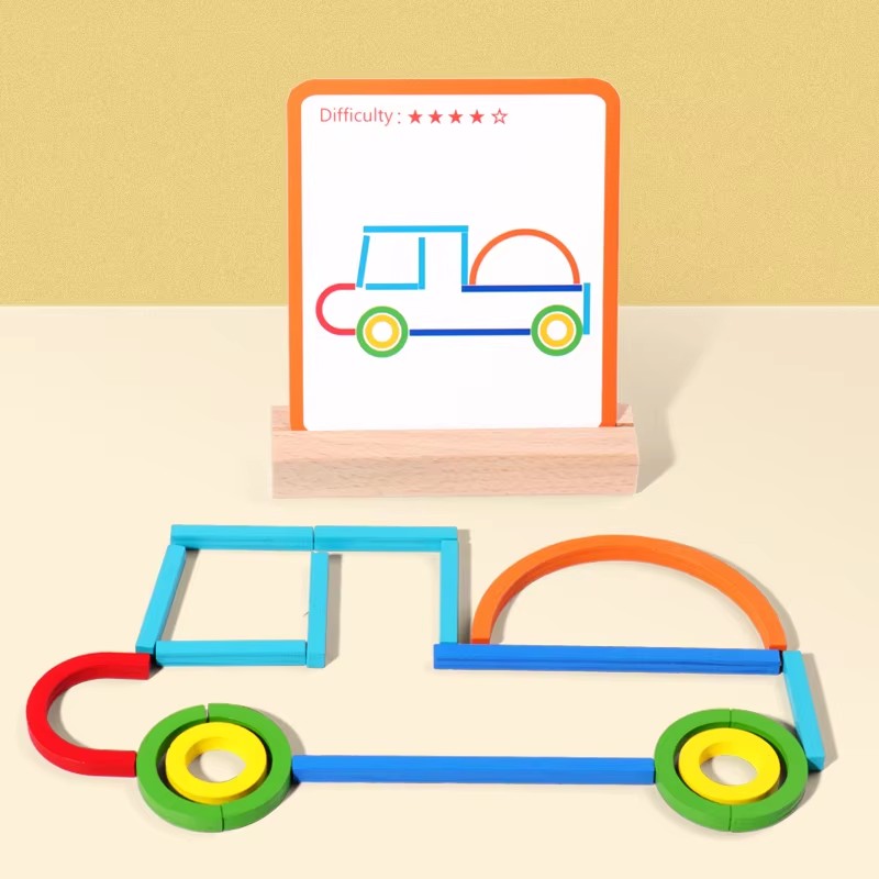 Montessori Early Education Wooden Pattern Blocks Creative Sticks Rings Puzzle Safe Wooden Toys for Kids