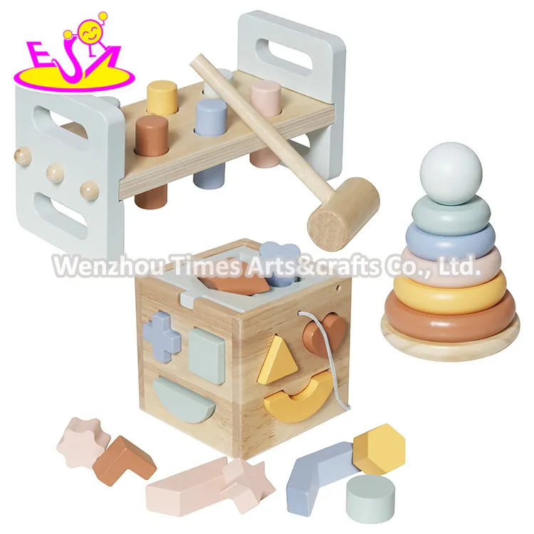 All-in-One Wooden Learning Toy Developmental Hammering Bench, Shape Sorter, and Colorful Stacking Rings W12D757