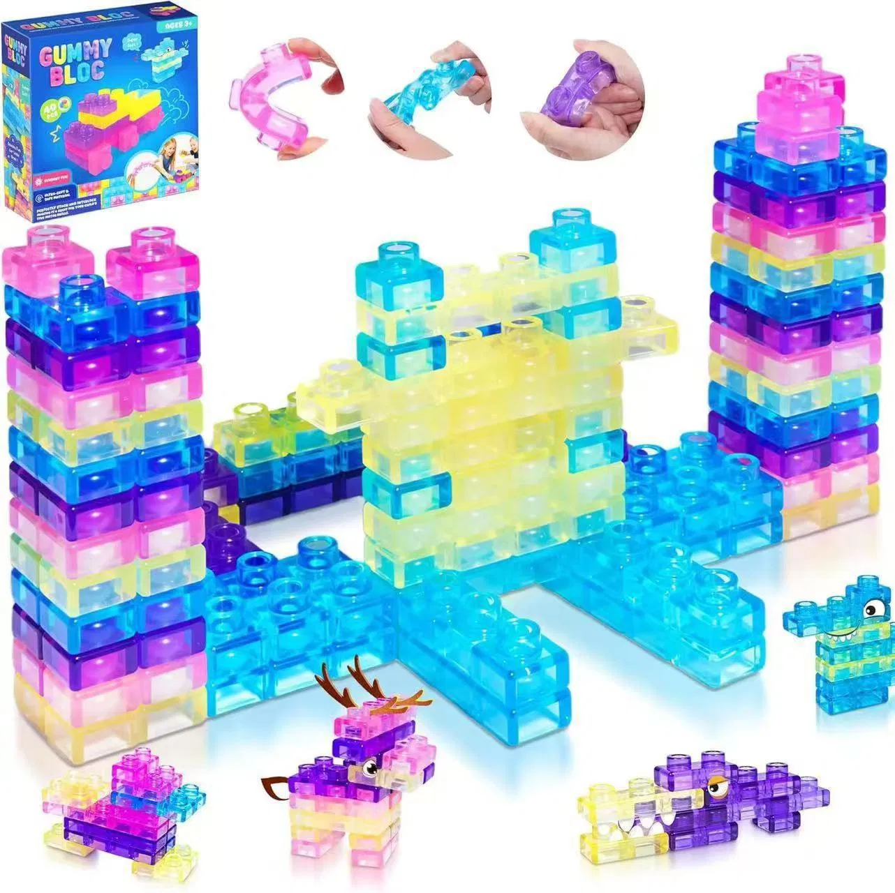 40p Jelly Building Blocks Toy Rubber Brick Set Creative Construction Learning Toys