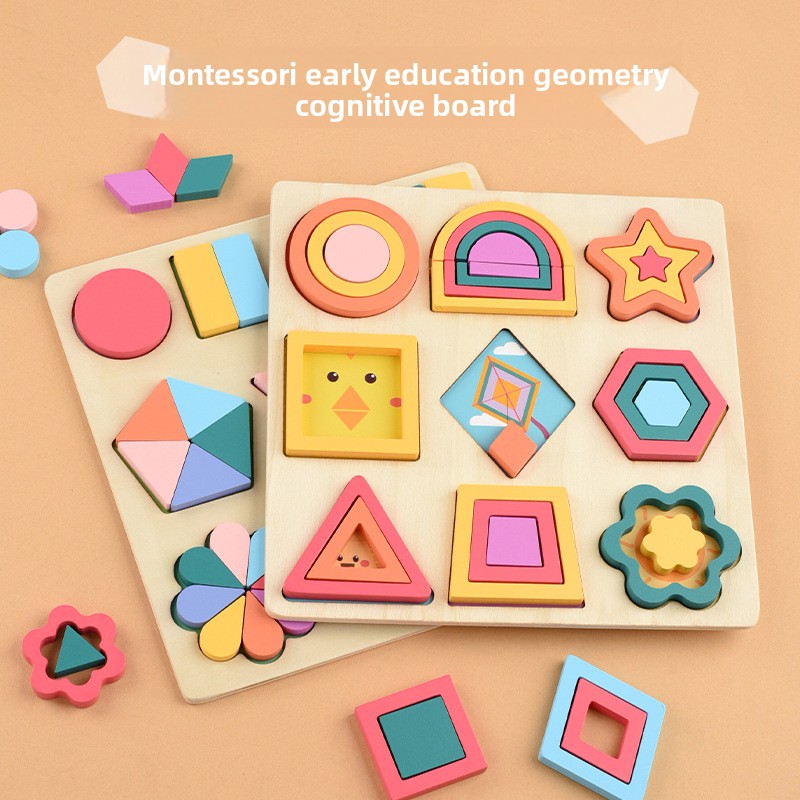 Custom Montessori Wooden Geometric Shape Puzzle Board Color Matching Pattern Blocks Fine Motor Educational Toys for Kids OEM ODM