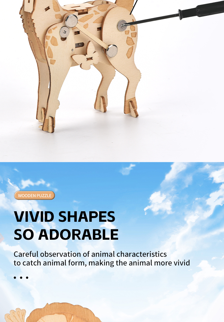 Hands-on Craft DIY 3D Poplar Wood Puzzle Wind-up Walking Animal Model STEM Educational Kit for Ages 4-6