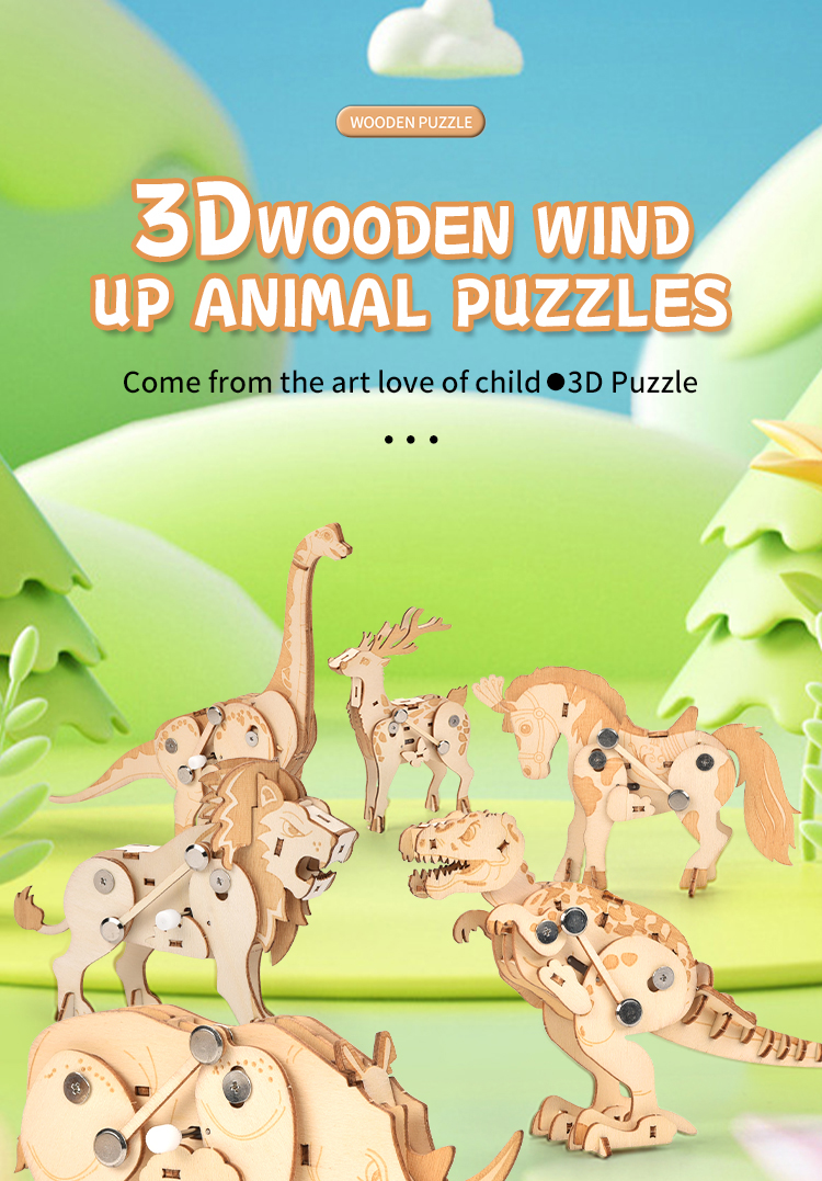 Hands-on Craft DIY 3D Poplar Wood Puzzle Wind-up Walking Animal Model STEM Educational Kit for Ages 4-6