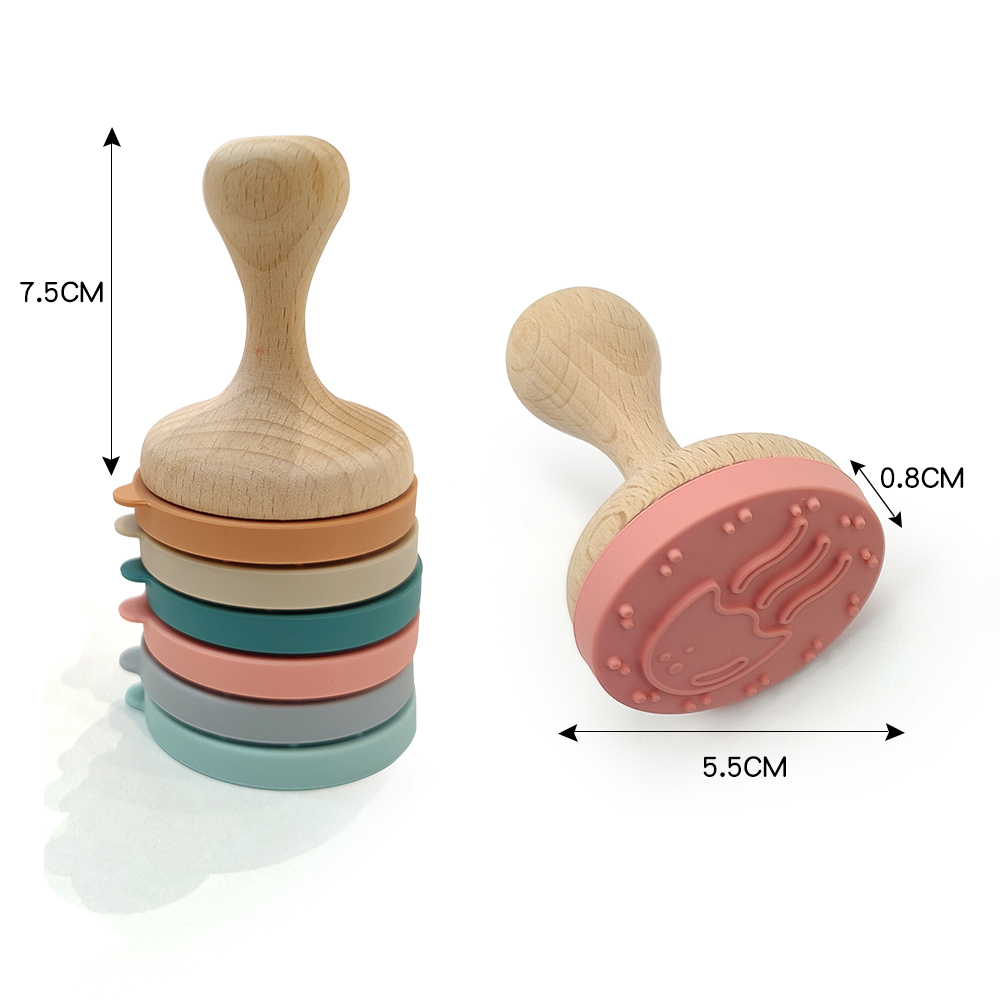 Custom Children's Toy Environmental Cartoon Handle Round Wooden Silicone Stamp For Kids