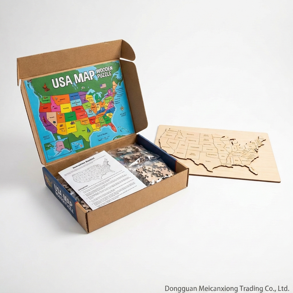 Custom 3D USA Map Wooden Puzzle Double-Layer Laser Engraved MDF Geography Learning Toy Wholesale Montessori Kit With Custom Logo