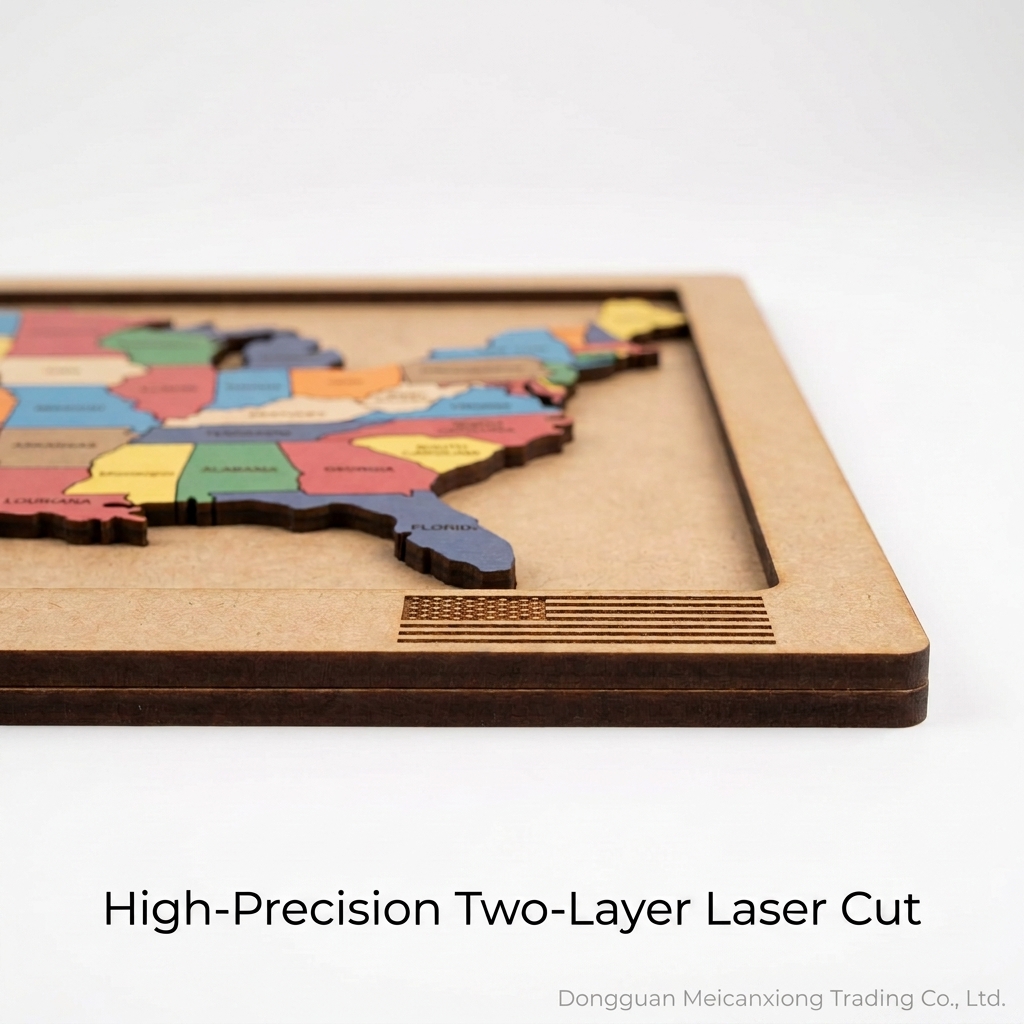 Custom 3D USA Map Wooden Puzzle Double-Layer Laser Engraved MDF Geography Learning Toy Wholesale Montessori Kit With Custom Logo