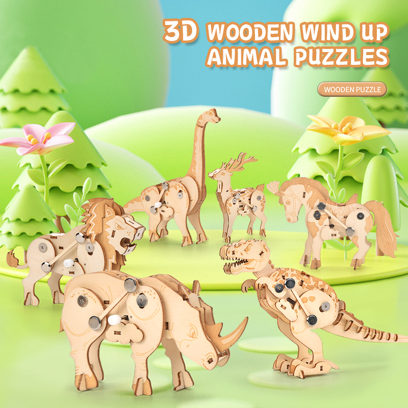 Bemay Toy Hands-on Craft DIY 3D Poplar Wood Puzzle Wind-up Walking Animal Model STEM Educational Kit for Ages 4-6