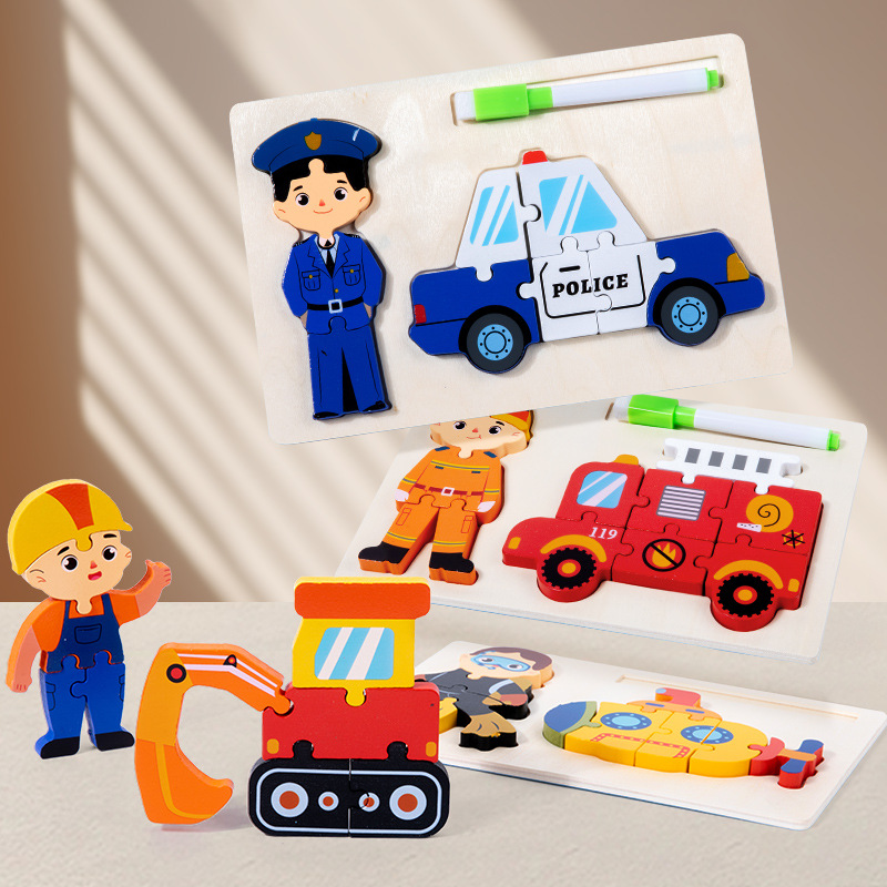Wholesale Wooden Puzzle Children 3 in 1 Drawing Board Toy Montessori Career Matching Board Educational 3D Puzzles Toys for Kids