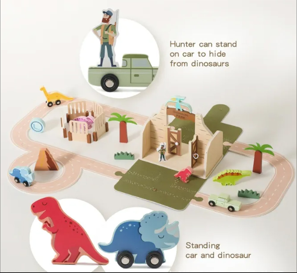 Unisex Role Play Woolen Multi-function Dinosaurs Theme Toy New Designed Pretend Play Set Felt House Barn Wooden Traffic Track