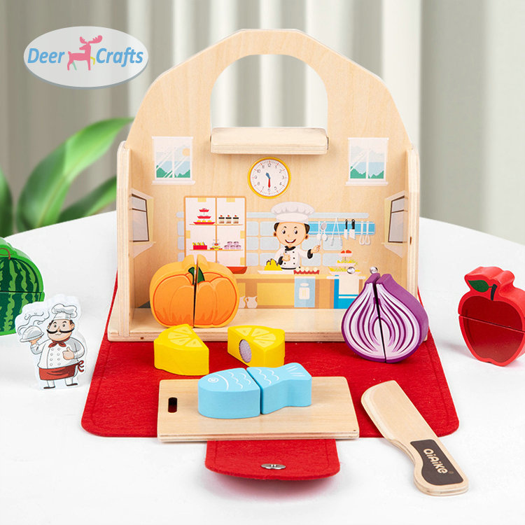 Wooden 3-in-1 Play House Set: Kitchen, Bathroom &amp; Cutting Toys with Portable Handbag DD10885