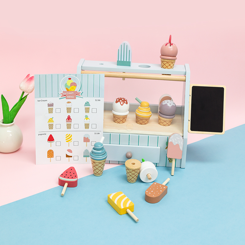 Hot Selling Children's Wooden Pretend Play House Kitchen Girl Games Interactive Wooden Simulation Ice Cream Shop Kids Toy Set