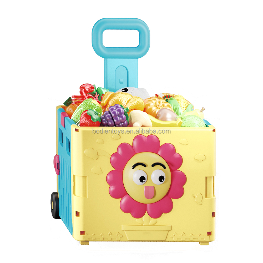 Supermarket Shopping Play House Kitchen Toys Folding ABS Plastic Storage Handcart for Kids 2-13 Years Unisex Pretend Play
