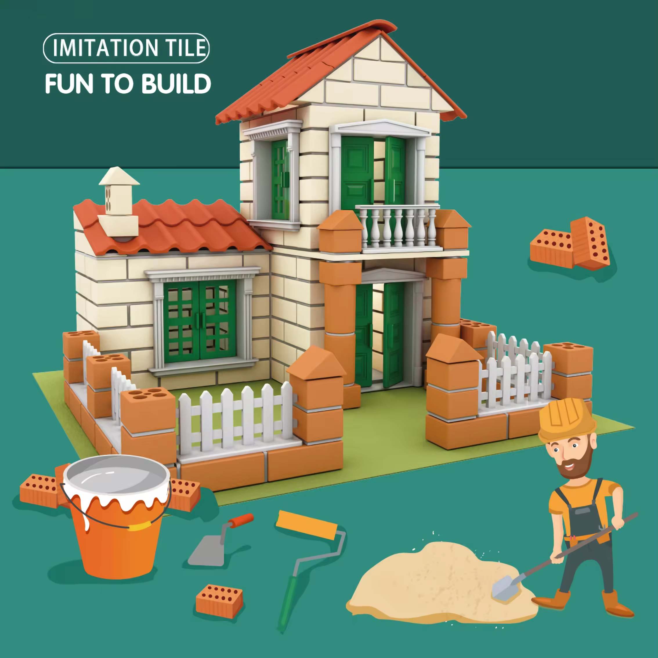 Children's DIY Plastic Reusable STEM Assemble House Pretend Cement Brick Construction Set Block Toys Construction Toys for Kids