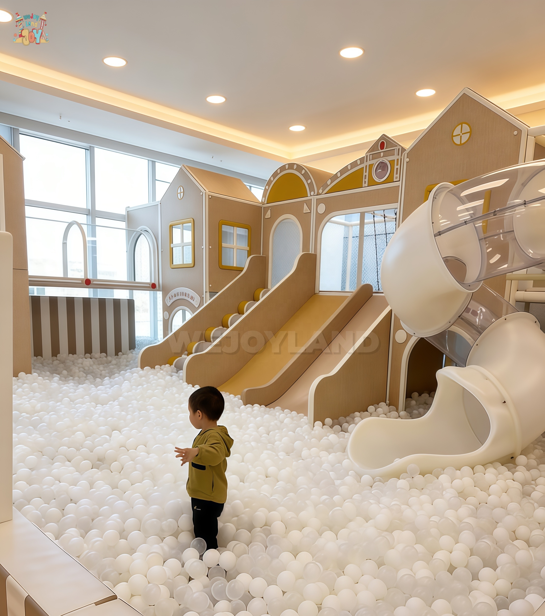 Wooden Pretend Indoor Playground Equipment With Ball Pit Slide Kids Role Play Sensory Ice Cream Truck With Cow For Play Cafe