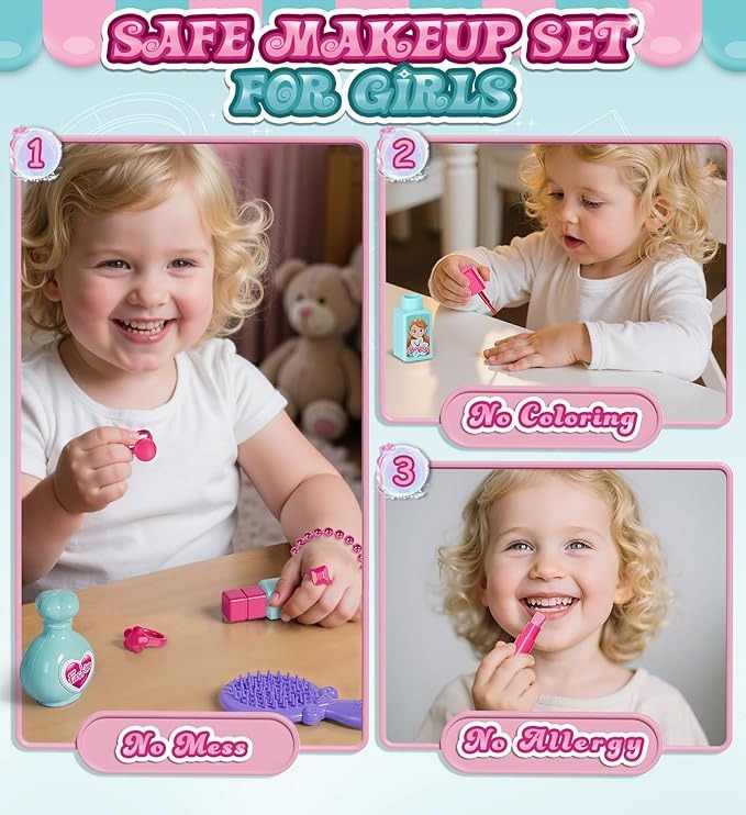 Girls' Plastic Beauty &amp; Fashion Pretend Play Set Includes Dressing Table Music Piano Hair Dryer Children's Chair for Makeup Play