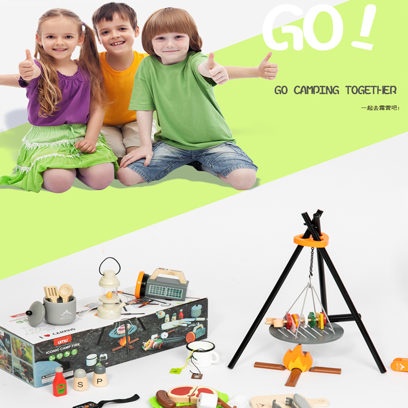 Montessori Wooden Camping Play Set with Campfire Pot Lantern and Tools Kids Pretend Outdoor Adventure Role Play Toy