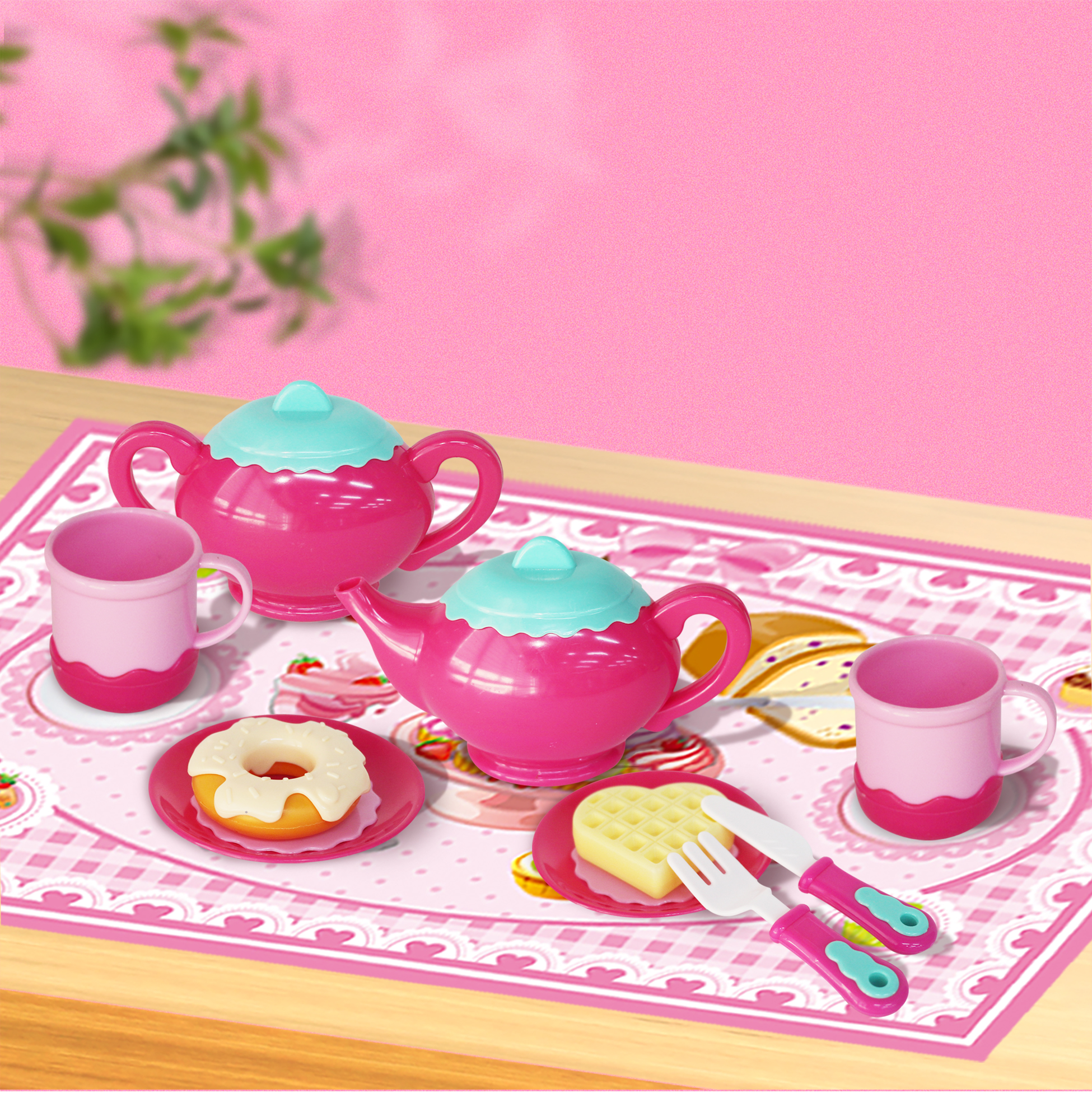Fun Plastic Tableware Set Kitchen Pretend Play &amp; Educational Learning Picnic Toys Includes Tea Pot &amp; Foods