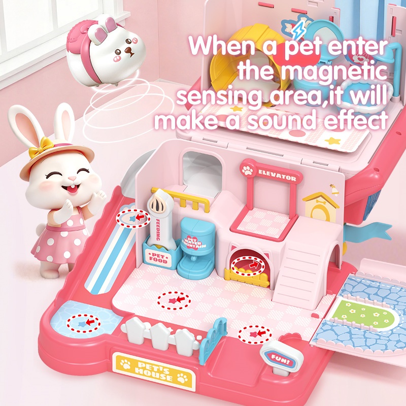 Children Magnetic Play House Pretend Play Toys Set Portable Plastic Pet Magnetic Pink Doll House for Girls and Boys with Sound