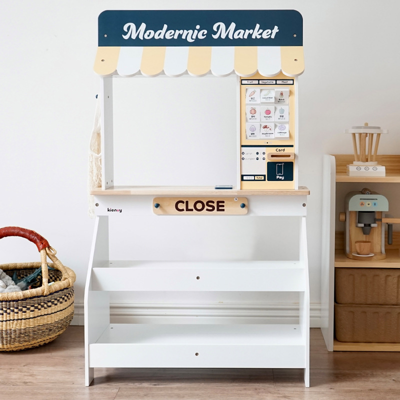 Kids Wooden Pretend Play Supermarket Set With Fruit Store Shopping Shelf Swipe Card Cashier And Mini Shop For Role Play