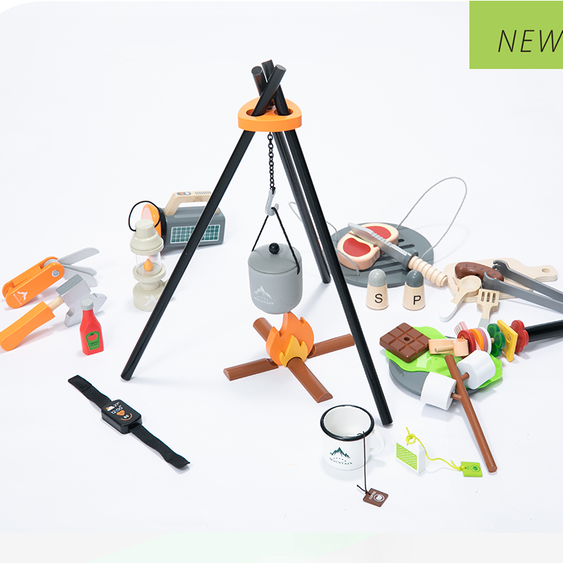 Montessori Wooden Camping Play Set with Campfire Pot Lantern and Tools Kids Pretend Outdoor Adventure Role Play Toy