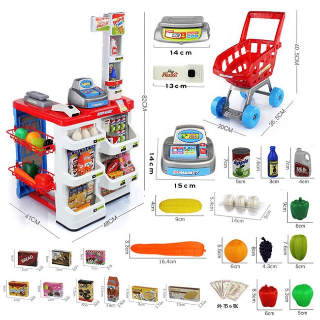 Hot Selling Simulation Pretend Play Supermarket Set with Accessories Shopping Cart &amp; Scanner Educational Role Play Gift for Kids