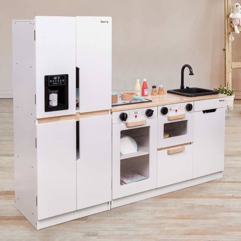 High-quality Mini Fridge Stove Cooking Pots Wooden Kitchen Toy Set for Kids Role Play Fun