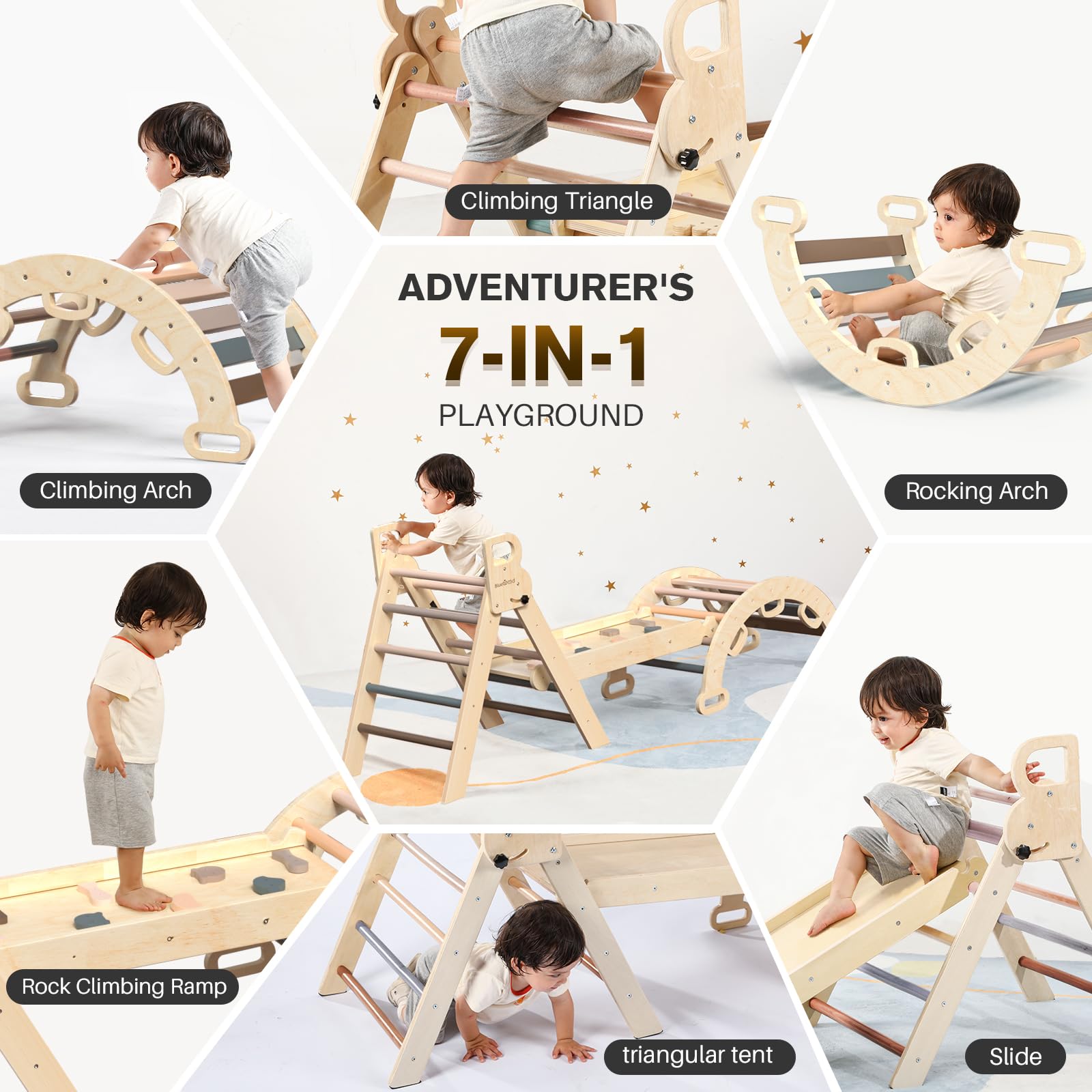 7-in-1 Foldable Wooden Montessori Baby Climbing Set With Arch Ramp &amp; Ladder-kids Furniture