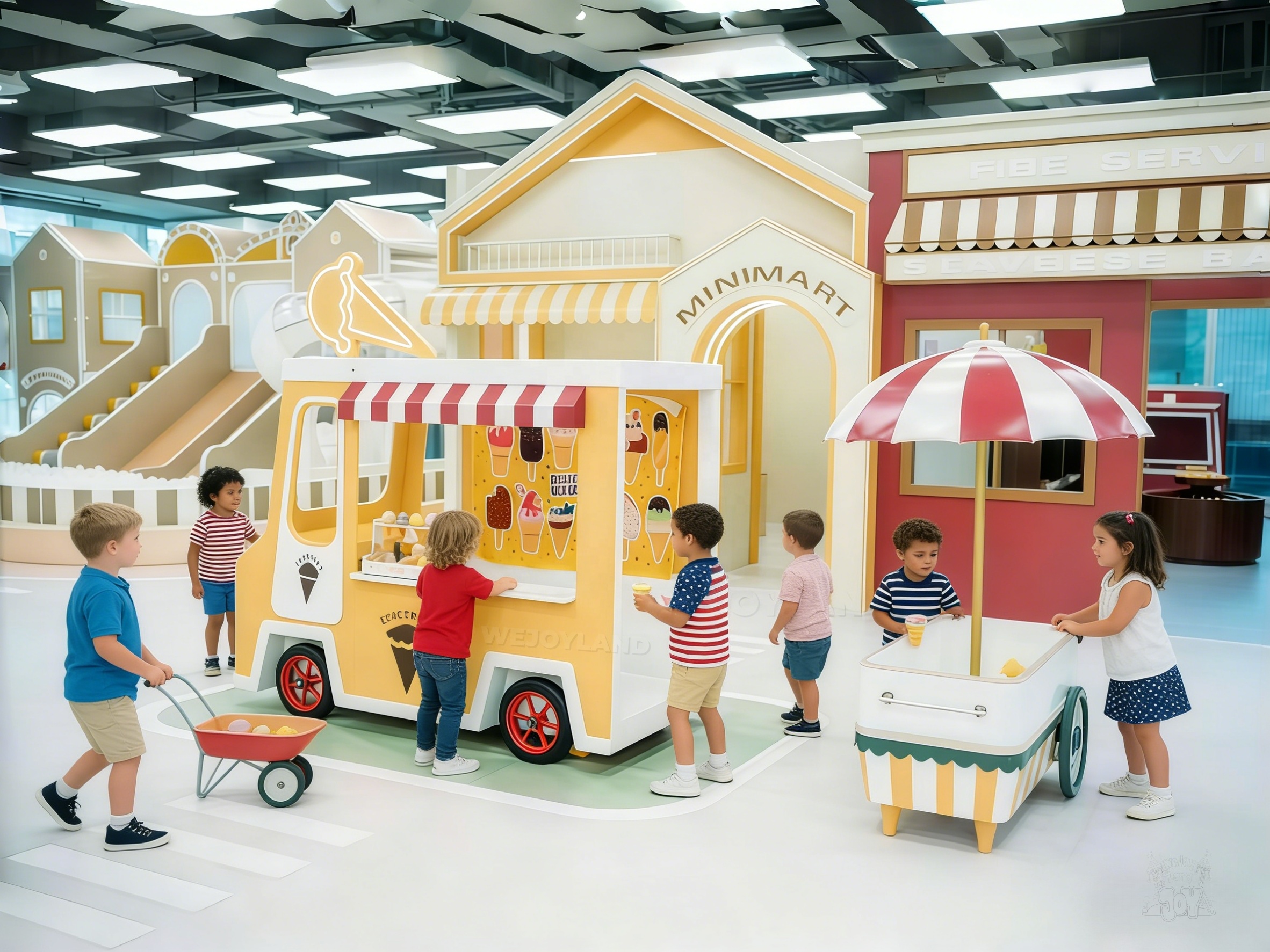 Wooden Pretend Indoor Playground Equipment With Ball Pit Slide Kids Role Play Sensory Ice Cream Truck With Cow For Play Cafe